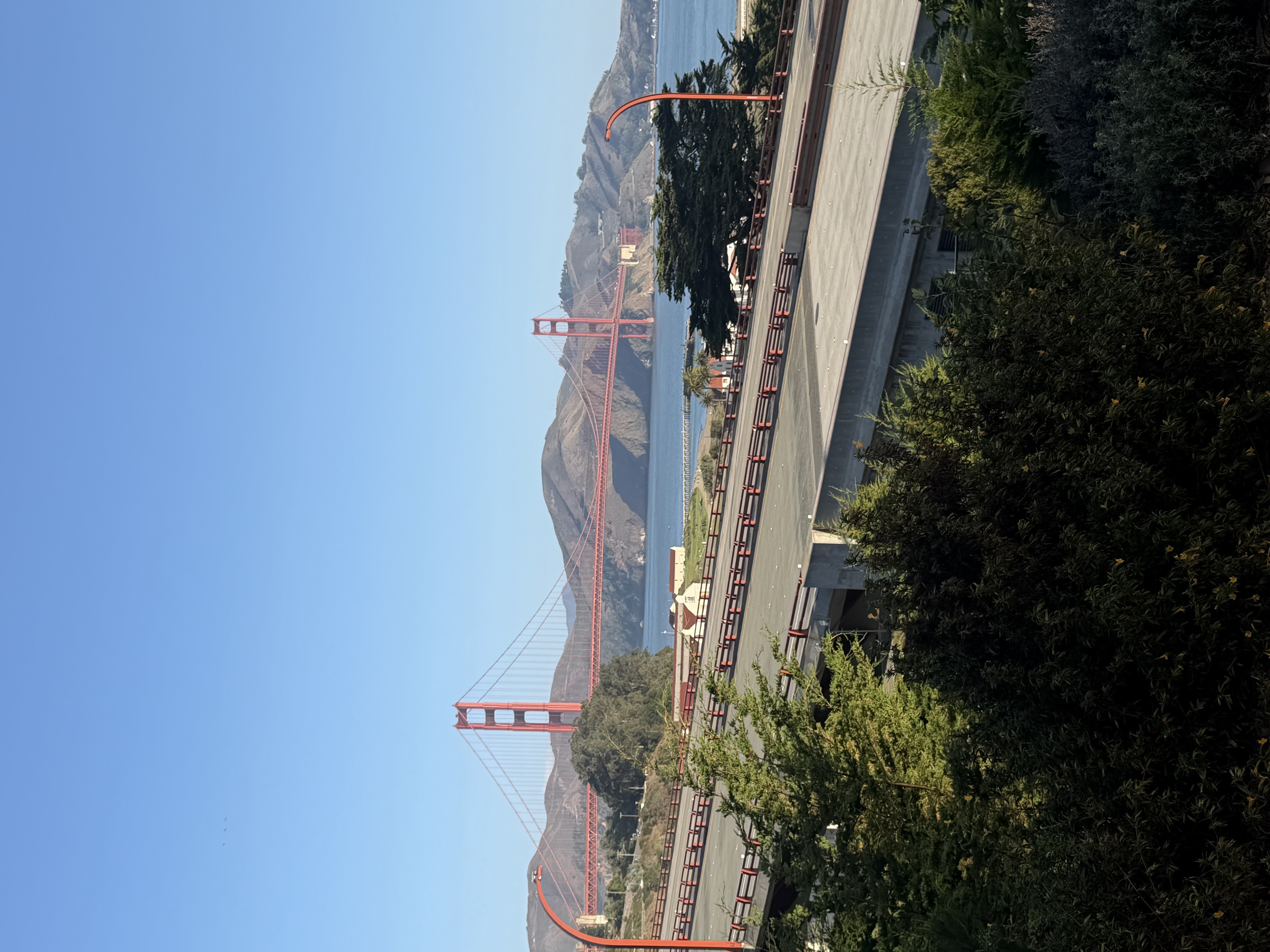 The Golden Gate Bridge seen from the Presidio on a clear blue day